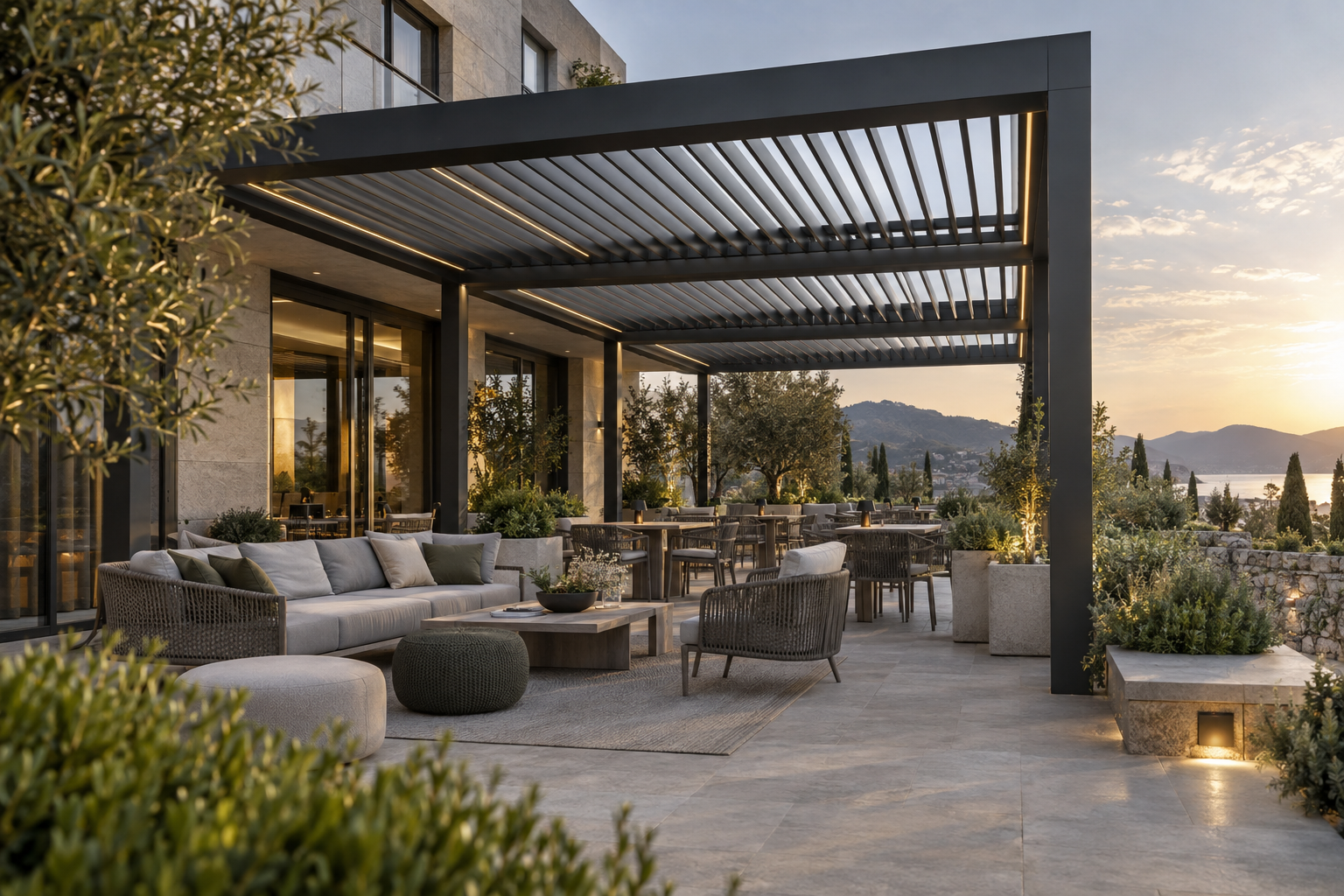 Concept for a commercial hotel terrace with coordinated pergola, furniture and lighting
